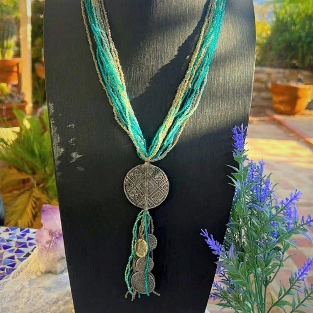 Vintage Pewter Medallion Seed Bead Necklace